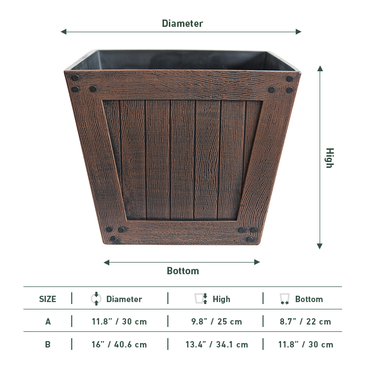 Outdoor Patio Square Wood Effect Plastic Plant Container